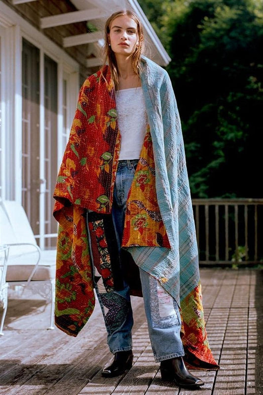 Handmade Cotton Vintage Kantha Quilt Reversible Indian Boho Kantha Throw, Assorted Colors - Set of 1