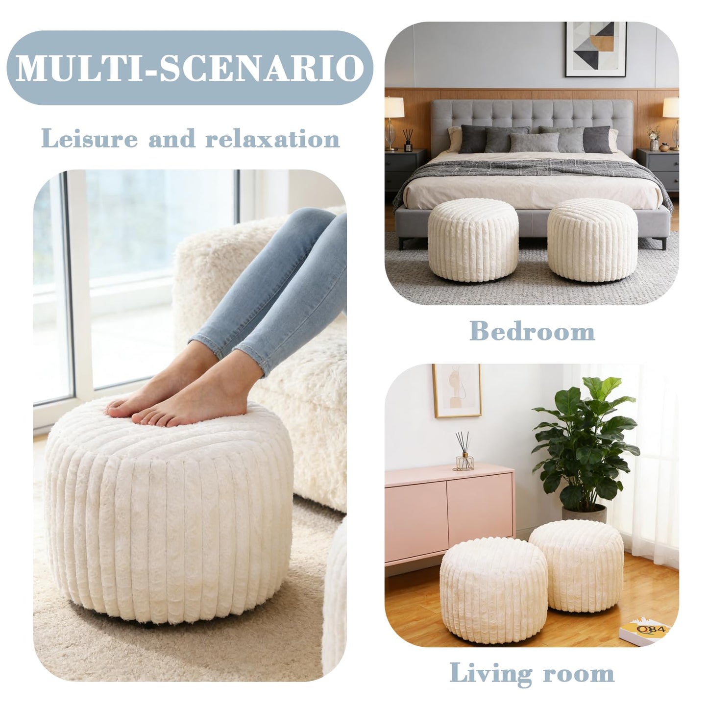 CASYUNE 2 Pcs 20 x 15 Inch Unstuffed Pouf Cover Ottoman Foot Rest - No Filler, Faux Rabbit Fur Foot Stool Floor Bean Bag Floor Chair Storage for Home Decor Bedroom Living Room (White)
