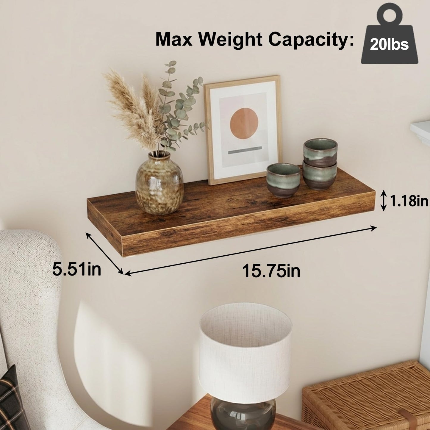 Fixwal Wood Floating Shelves, Wall Shelves Set of 4, Shelves for Wall Decor, with Invisible Brackets for Bathroom, Living Room,Bedroom and Kitchen(Rustic Brown)