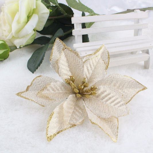 AmaJOY 12pcs Glitter Poinsettia Christmas Tree Ornament Artificial Wedding Christmas Flowers Xmas Tree Wreaths Decor Ornament, 5.5inch, Red and Gold for Choice (Gold)