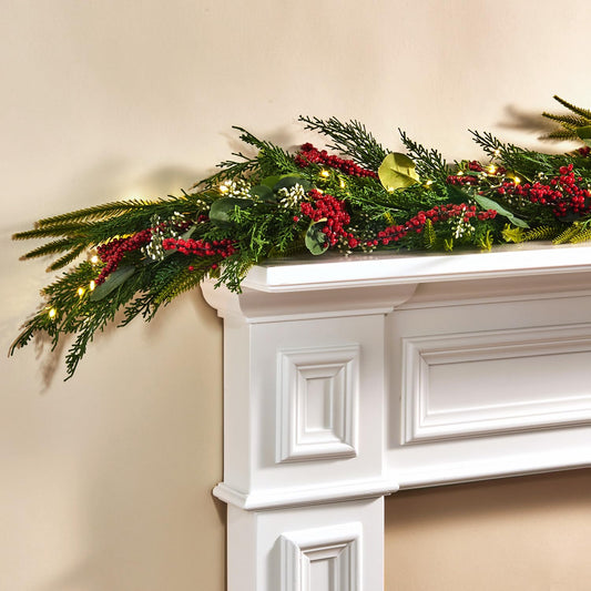 Lamplust Lighted Garland with Lights Battery Operated, 6 Ft Red Berry & Eucalyptus, 100 LED with Timer, Greenery Garland for Indoor Home Decor, Spring Decor, Table Centerpiece, Stairway Decorations