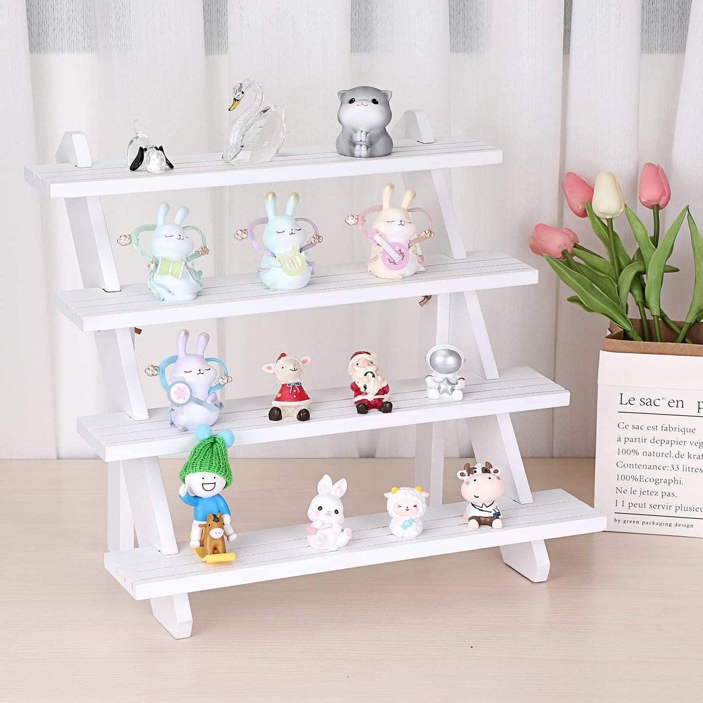 ELLDOO 4-Tier Wooden Display Riser, Retail Jewelry Card Display Stand, Rustic White Wooden Cupcake Stand Shelves, Organizer Showcase Cascading Merchandise Organizer Rack Vendor Display Supplies