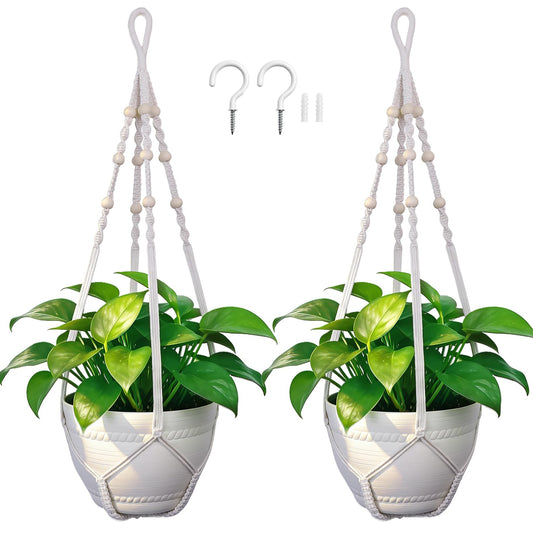 EJGIEGSO Macrame Plant Hanger, Up to 4-15 inch Pots, Wood Beads Cotton Hanging Planter Holder for Indoor Outdoor Boho Home Decor, 35 Inch, Set of 2 (Ivory)