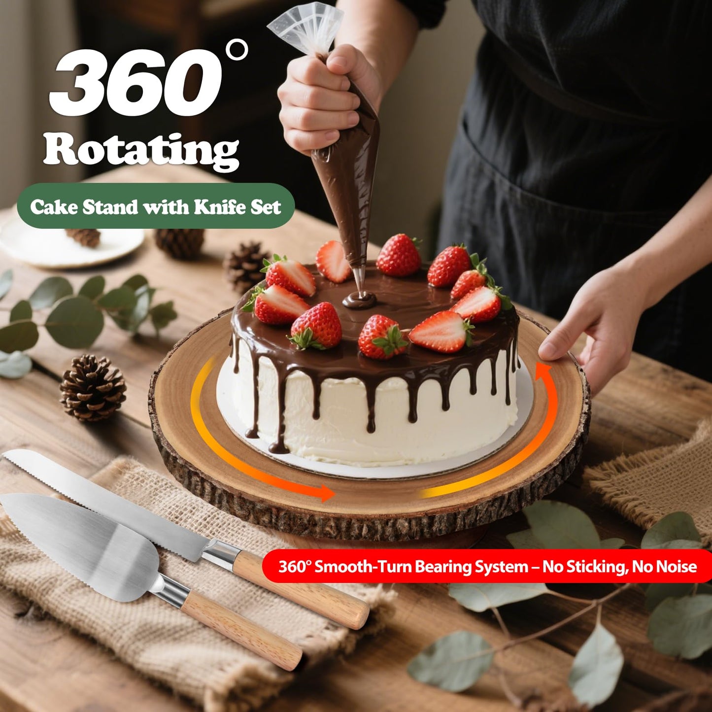 Rotating Cake Stand 12" Wood Cake Stand with Cake Cutting Set,Rustic Wooden Cake Stands for Party/Wedding/Baking Gifts/Event/Cake Turntable for Decorating