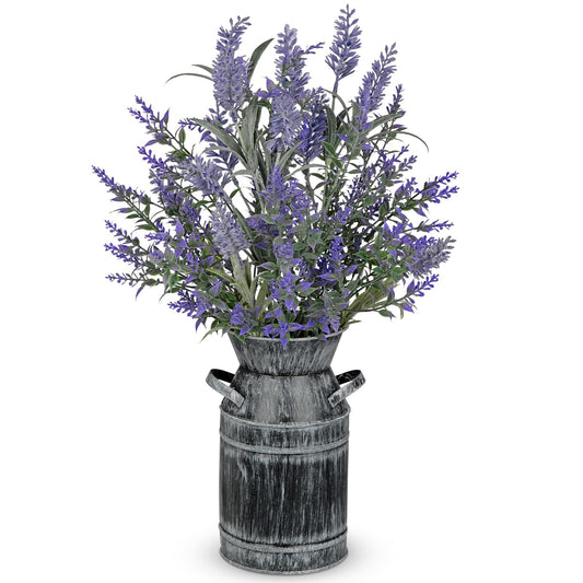 Artificial Lavender Flowers with Rustic Metal Vase 17 Inch Faux Lavender Plant Arrangement in Galvanized Planter Vintage Farmhouse Floral Decor for Home Office Kitchen Decor Wedding Table Centerpiece