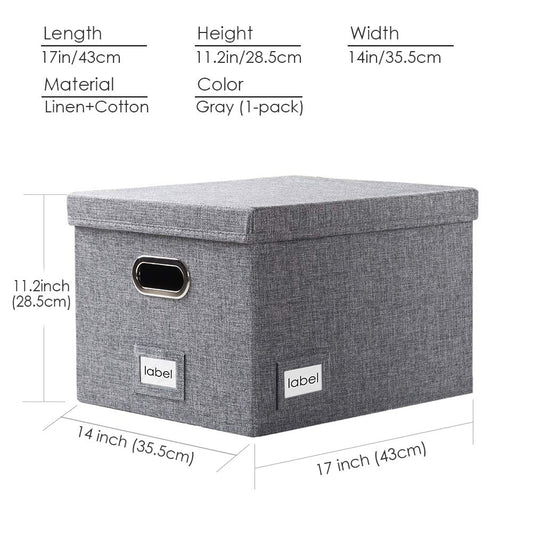 PRANDOM File Organizer Box - Set of 1 Collapsible Decorative Linen Filing Storage Hanging File Folders with Lids Office Cabinet Letter/Legal Size Grey (17x14x11.2 inch)
