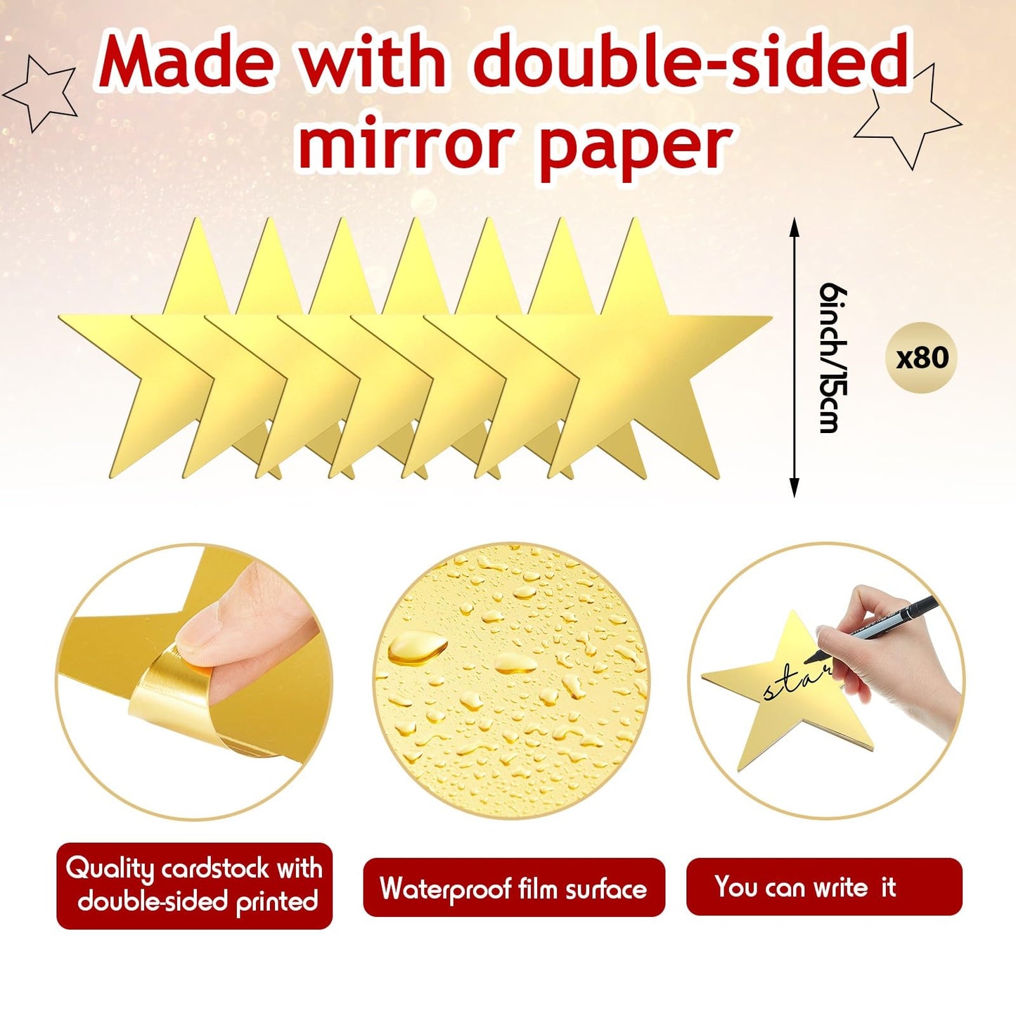 Leinuosen 80 Pieces Stars Cutouts Glitter Double Printed Paper Cardboard Stars Decorations for Bulletin Board Classroom Wall Graduation Party Supply, 6 Inches(Gold)
