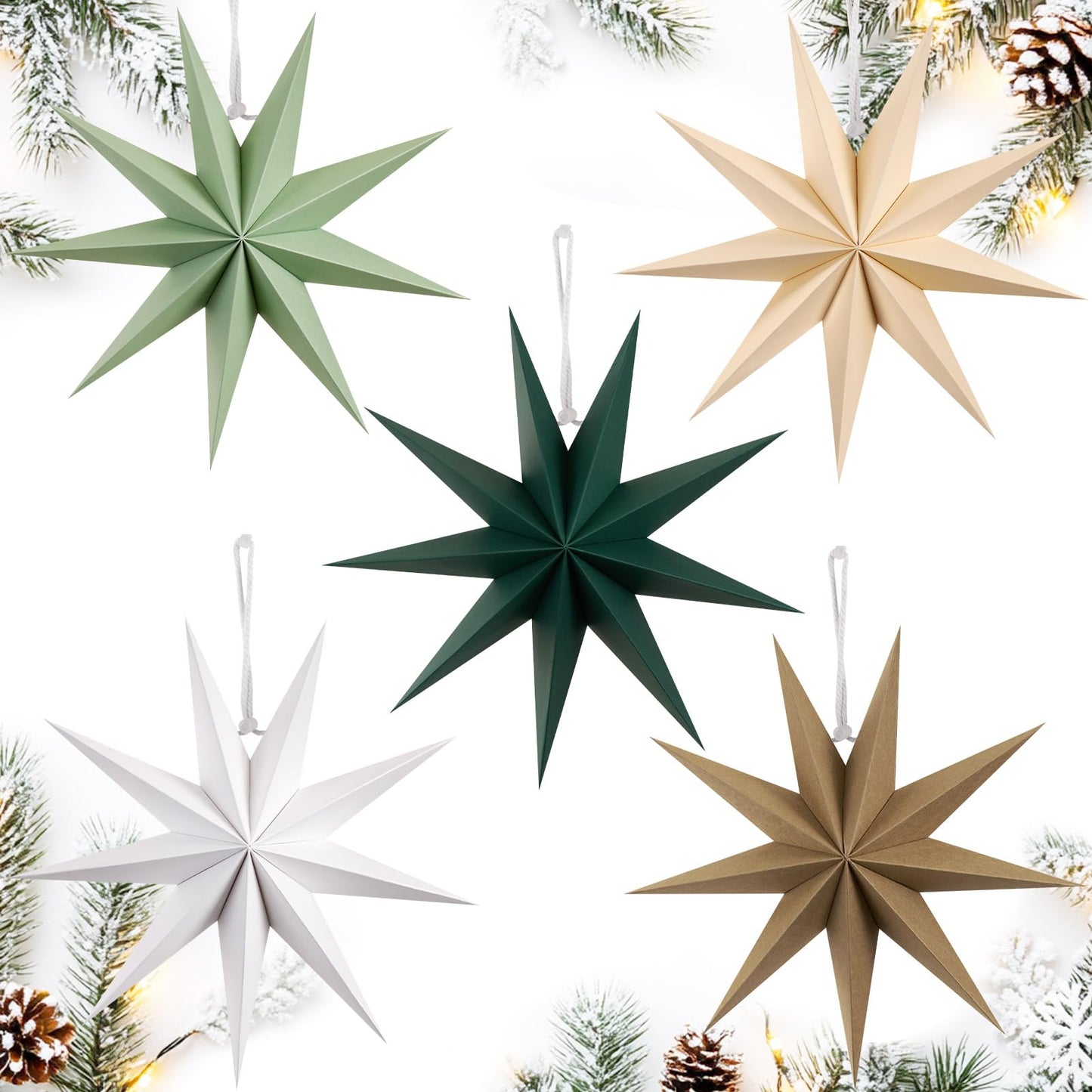 SUNBEAUTY Sage Green 9-Pointed 12 Inch Paper Star Lanterns Christmas Hanging Lamp Paper Decorations Shade Wedding Birthday Christmas Home Party Decorations