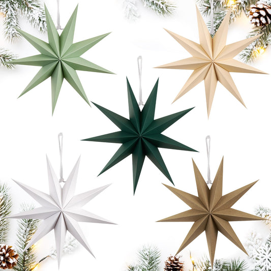 SUNBEAUTY Sage Green 9-Pointed 12 Inch Paper Star Lanterns Christmas Hanging Lamp Paper Decorations Shade Wedding Birthday Christmas Home Party Decorations