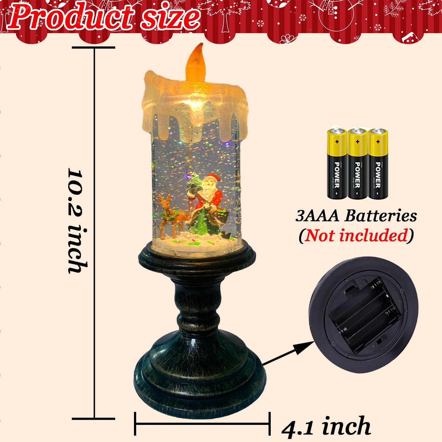 Flameless Snow Globe Candle Light Christmas Santa Decoration with Swirling Water & Glitter, Spinning LED Candles for Home, Tabletop, Holiday Decor