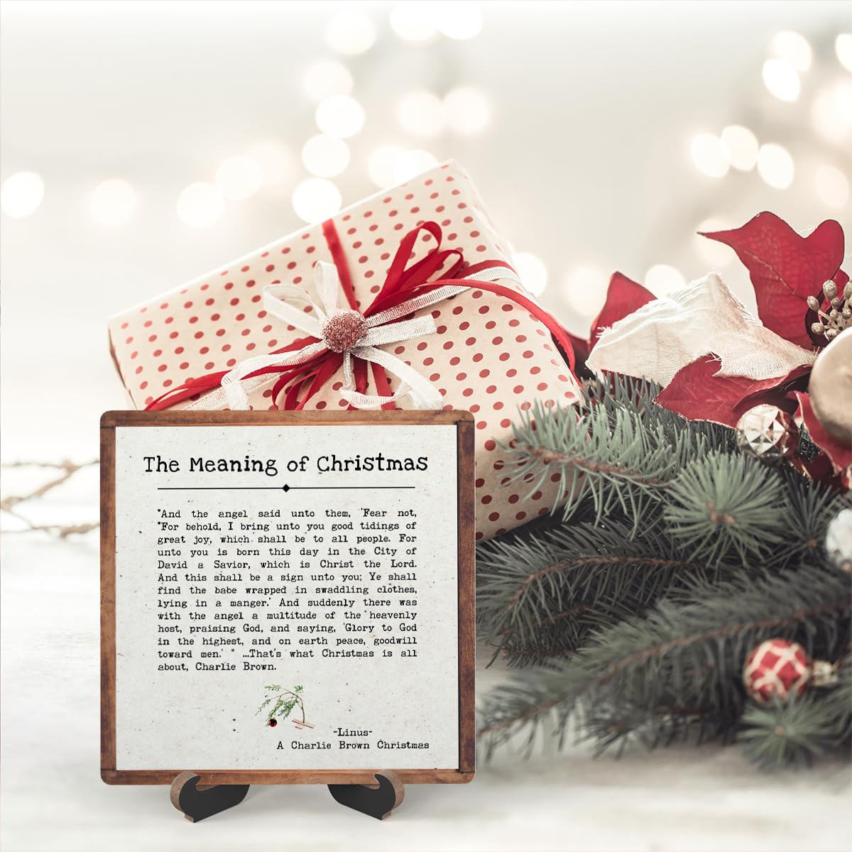 Christmas Quote Wooden Plaque Sign With Stand - Desk Decor for Farmhouse Home Office Table Shelf (5x5 IN)