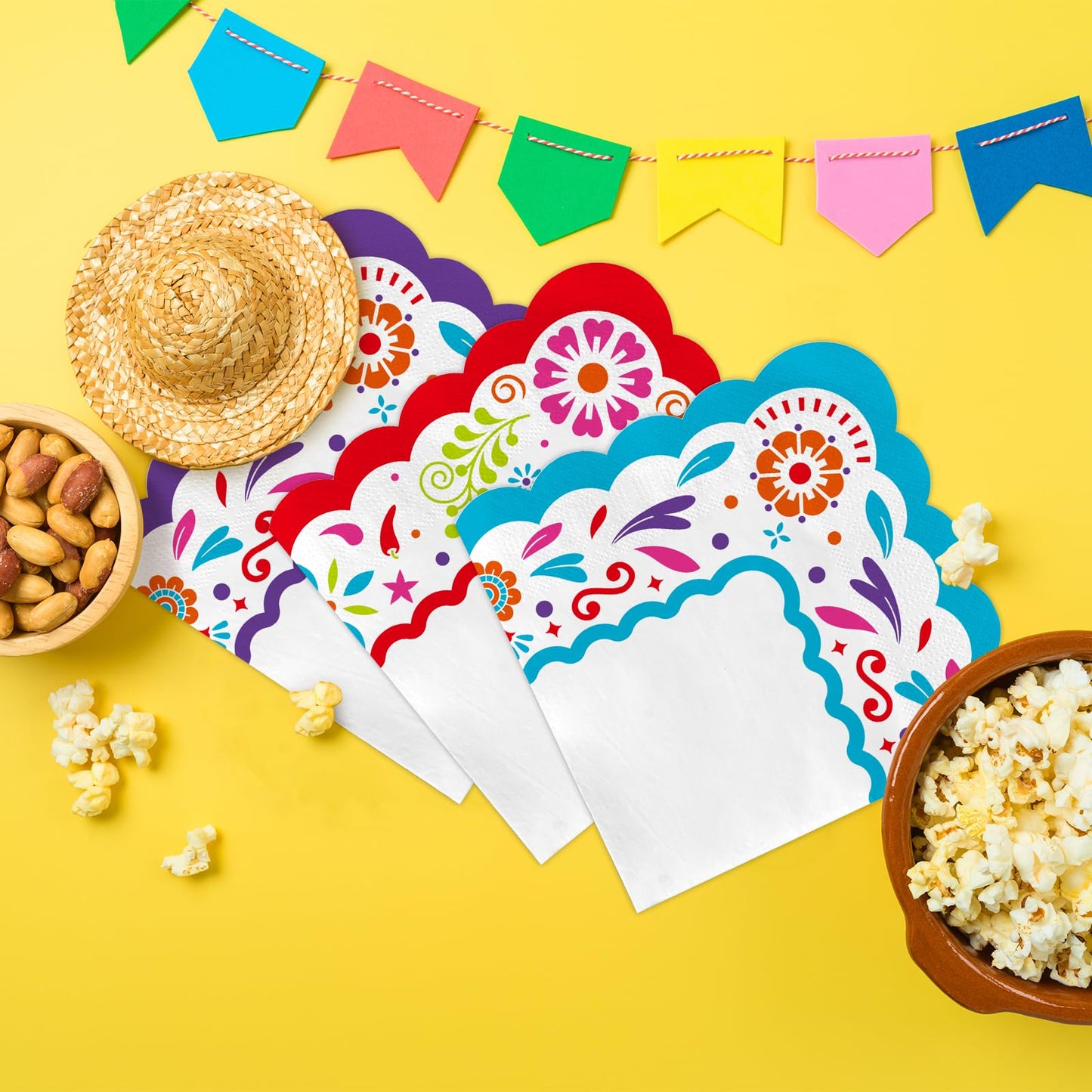 Fiesta Mexican Party Supplies - 48-Pack 3-Ply Disposable Paper Napkins, Cinco de Mayo Decorations, Taco Parties & Beverage Use, Vibrant Colors, 6.5x6.5 in