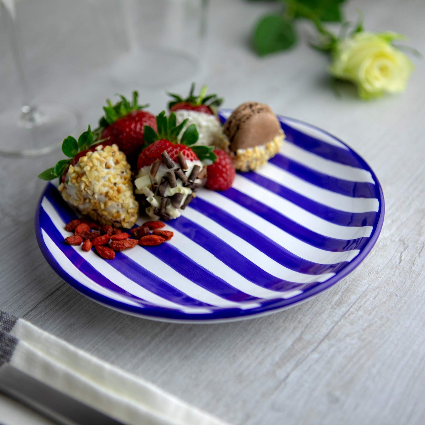 City to Cottage Handmade Dark Navy Blue Stripe Glazed 7.9inch/20cm Side Plate, Dessert Plate, Unique Ceramic Dinnerware, Housewarming Gift