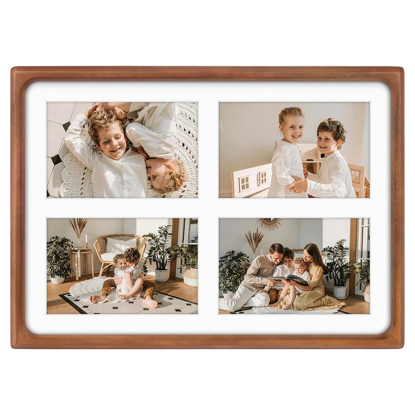 Golden State Art, 4x6 Collage Picture Frame - Solid Wood with Real Glass - Multi Picture Frame for (4) 4x6 Photos or One 9.5x13.5 Print - Rounded Corner Design - Collage Wall Decor - Brown