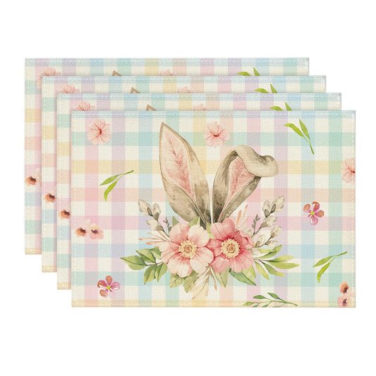 Artoid Mode Colourful Buffalo Plaid Bunny Ears Flower Easter Placemats Set of 4, 12x18 Inch Seasonal Holiday Table Mats for Party Kitchen Dining Decoration