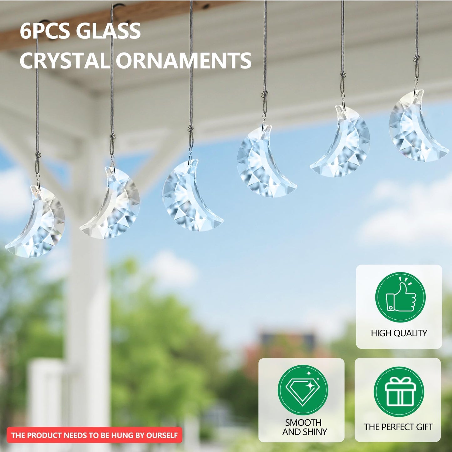 LOULIQIGIFT 1.9in Clear Faceted Crystal Moon Prisms Ornaments Glass Hanging Crystals Crescent Moon Tree Ornaments for Window Home Car Wedding Party Mother's Day Decoration (Set of 6)