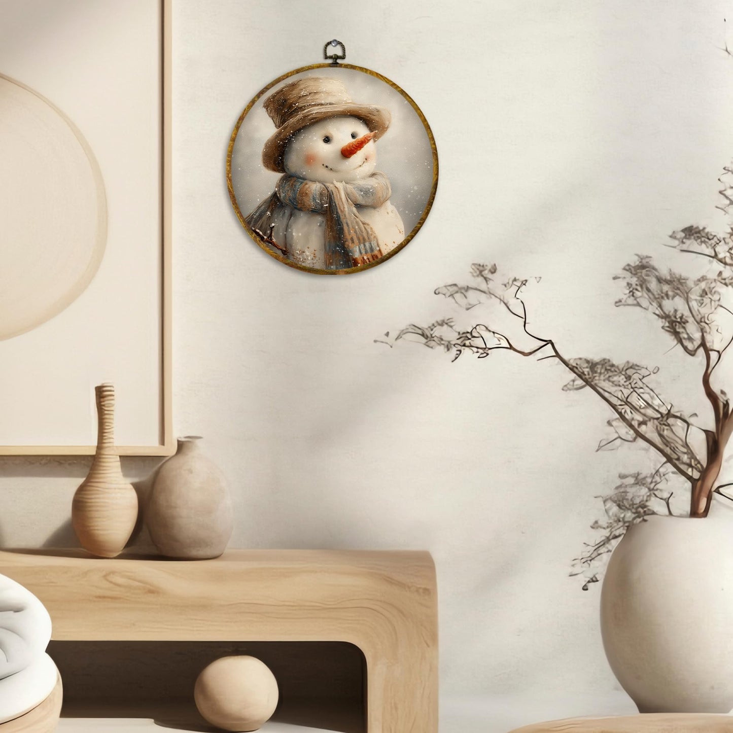 CUANFDDSF Rustic Christmas Snowman Round Wall Art, Christmas Winter Snowman Framed Hanging Wall Decor, Farmhouse Cozy Xmas Winter Canvas Prints Decorations for Home Bedroom Living Room, 10x10 Inch