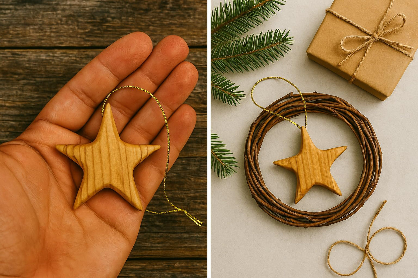 Handcrafted Olive Wood Star Ornament - Unique 2.56”x2.76” Eco-Friendly Christmas Tree Decor, Authentic Mediterranean Craft, Sustainable Holiday Decoration, Perfect Eco Gift for Christmas