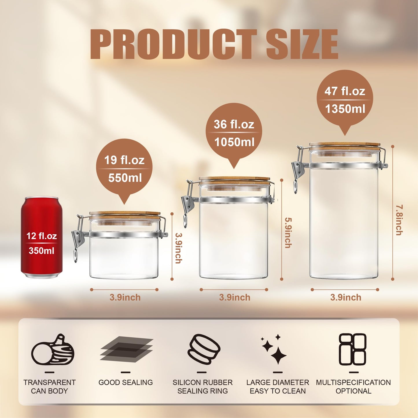 MOLADRI 36 oz/1050ml Clear Glass Storage Canister with Airtight Bamboo Lid, Medium Decorative Container Jar for Coffee Spice Candy Salt Tea Cookie Condiment Pepper Sugar Overnight Oatmeal Snacks