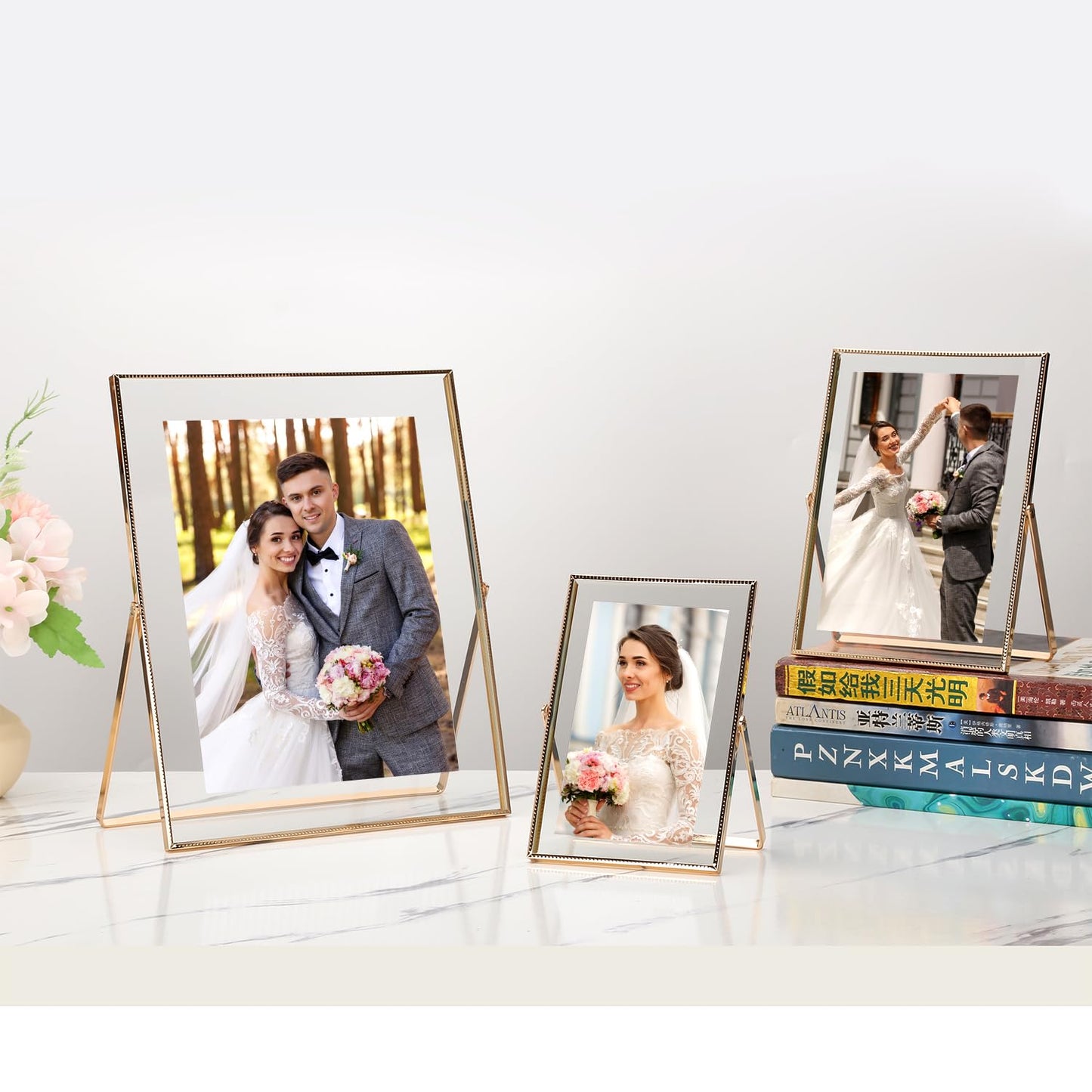 Gold 5x7'' Floating Frame Set of 2, For Photo Sizes (3.5 x5'', 4x 6'' up to 5x7'' ), Beautiful Metal Lace Edge Frames Adjustable Tabletop/Shelf Photo Frame, Classy Gift Choice for Wedding,