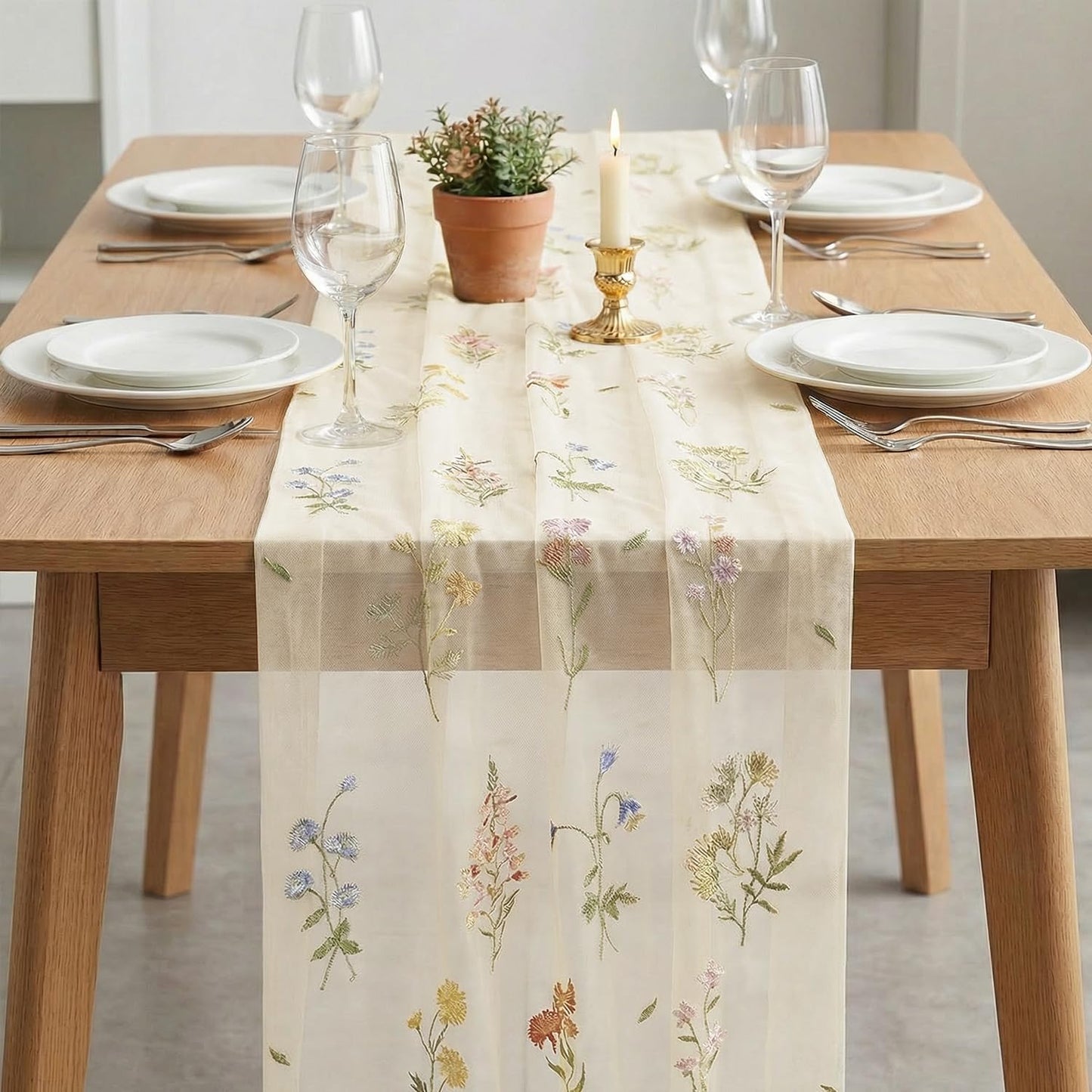 Artoid Mode Wildflower Floral Beige Apricot Gauze Embroidery Table Runner 120 Inch 10FT, Tulle Seasonal Spring Kitchen Dining Table Decor for Home Party
