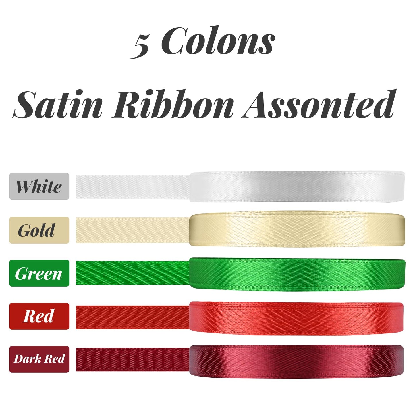 Showin 5 Rolls 10mm 125 Yards Christmas Ribbons, Holiday Satin Ribbons Fabric for Gift Wrapping and DIY Craft, Red & Dark Red & Green & Gold &White