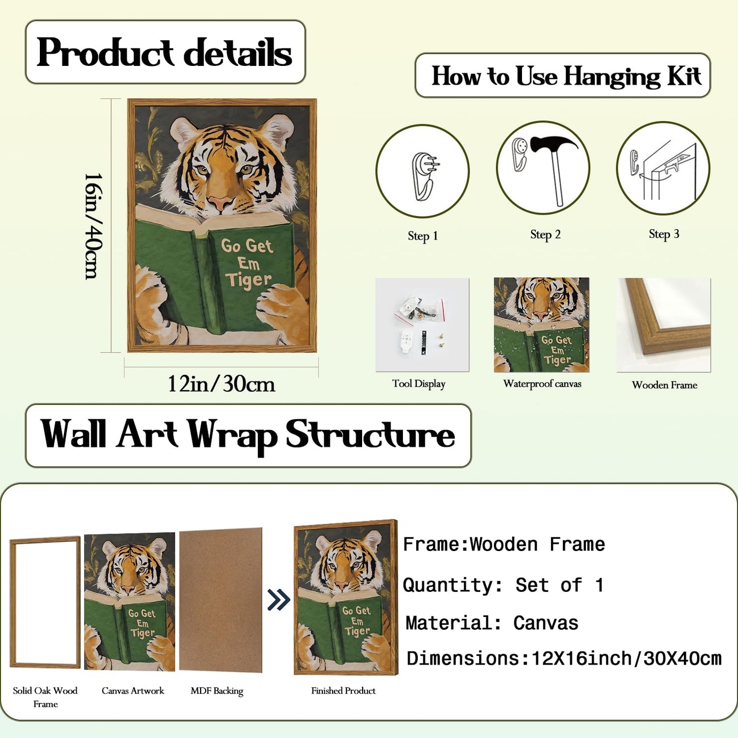 Framed Funny Tiger Wall Art, Motivational Animal Reading Wall Decor Paintings, Eclectic Go Get Em Tiger Canvas Prints Pictures Home Decor for Living Room Bedroom Dorm Office 12x16 inch