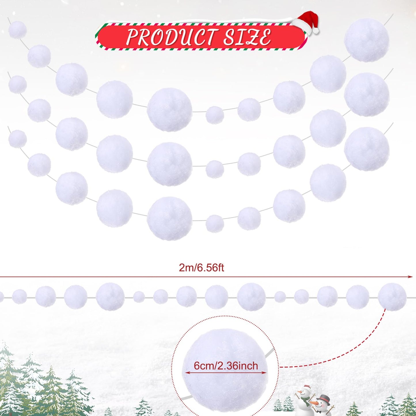Tegeme 12 Pcs Winter Snowball Garland 6.5 Feet White Pom Pom String Garland Winter Party Wonderland Decoration Snow Ball Hanging Banner White Snowball Decor for Ceiling Tree Holiday Party Wall Home