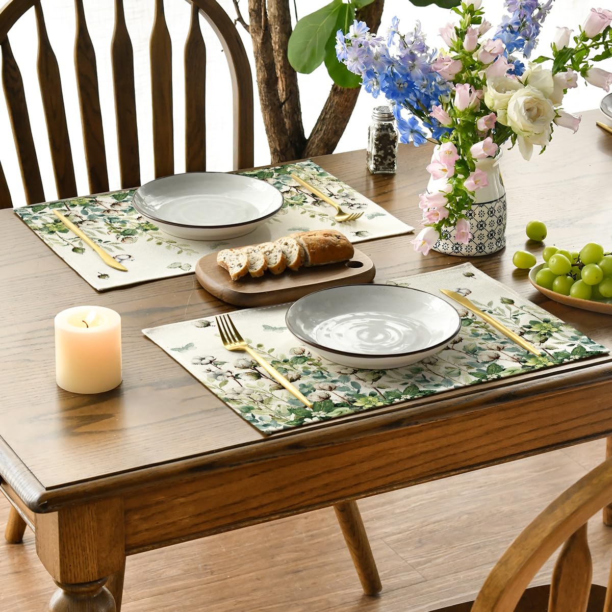 Artoid Mode Cotton Plant Leaf Butterfly Spring Placemats Set of 4, 12x18 Inch Seasonal Summer Holiday Table Mats for Party Kitchen Dining Decoration