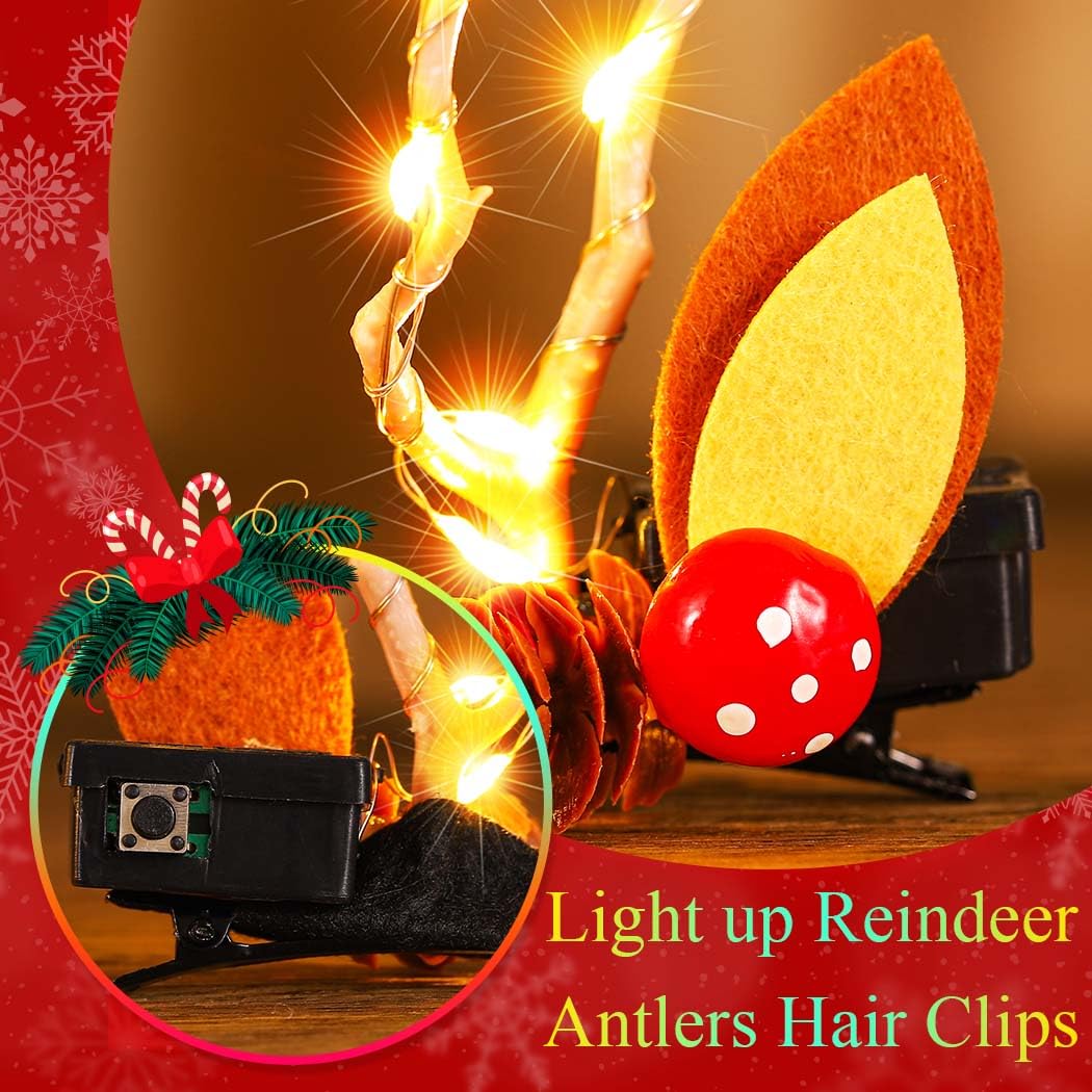 Bartosi LED Light Christmas Hair Clips Reindeer Antlers Xmas Hairpins Hair Barrettes Cute Head Pieces Hair Accessories for Women (Pack of 2)