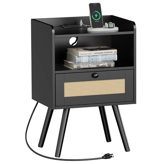 SUPERJARE Nightstand with Charging Station & Rattan-Like Decor Drawer, Rattan End Table with Solid Wood Feet, Bed Side Table with Open Storage, for Bedroom, Living Room, Dormitory - Black