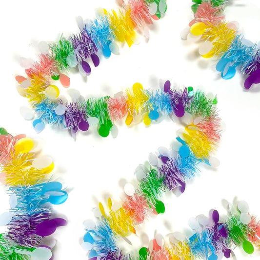 Yocknoce Easter Tinsel Garland, 33 Ft Colored Round Discs Tinsel Twist Hanging Decorations, Multicolor Fine Stripes Party Backdrop, Festive Home Indoor Outdoor Holiday Decor Supplies