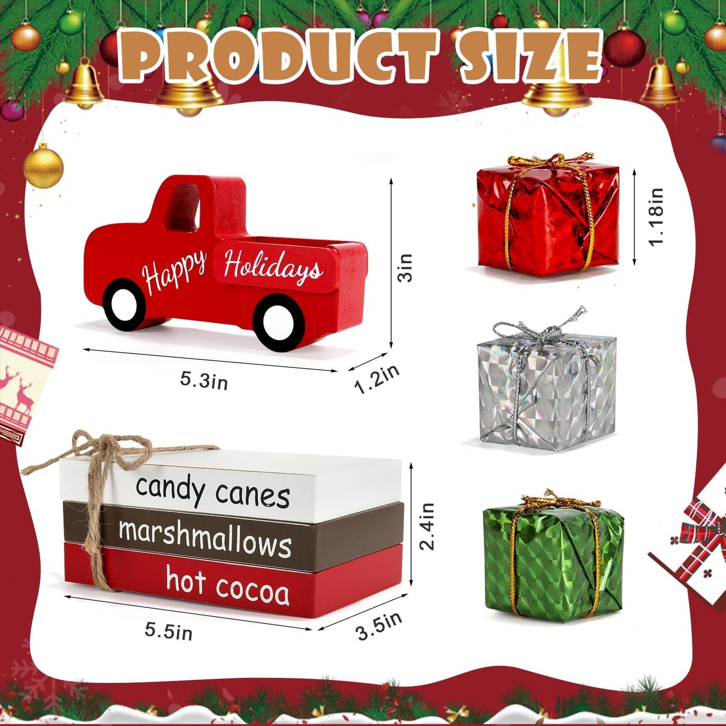 Christmas Decoration 7PCS Table Centerpieces, Tabletop Christmas Tiered Tray Shelf Mantel Fireplace Coffee Bar Office Desk Decor Farmhouse Xmas Wood Faux Book Sign and Gift Boxes Holiday Decoration