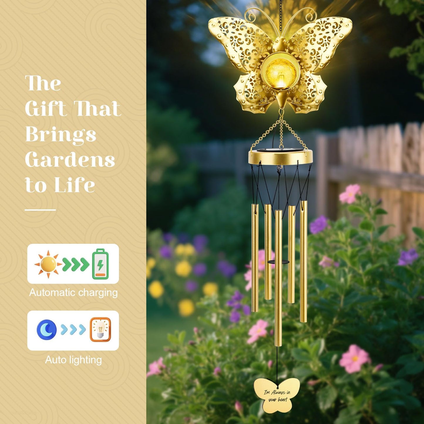 JYPS Butterfly Solar Wind Chimes, 40-Inch Large Waterproof Windchime for Outside with Glowing Crackle Glass Ball, Garden Patio Yard Decor Christmas Day Birthday Unique Gifts for Women Mom Grandma Wife