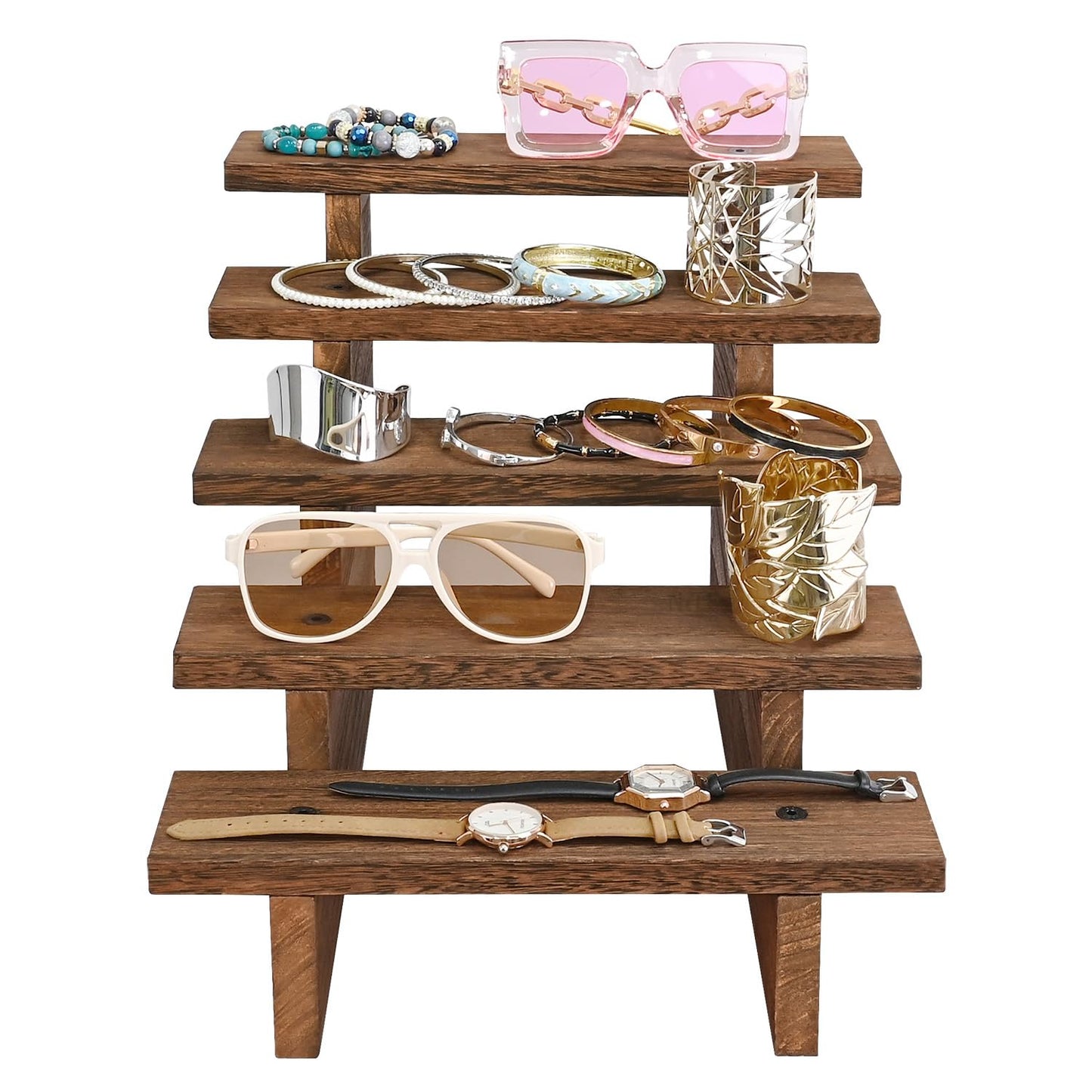 Ikee Design 5-Tier Wooden Display Riser Stand for Plants, Cupcakes, Stepped Tiered Wood Display Stand for Collectibles, Sunglasses, Jewelry, for Weddings, Vendor Markets, Retail