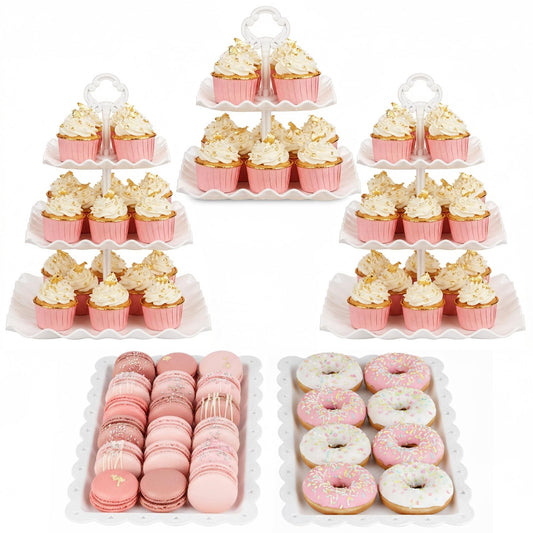 NWK 5 Piece Cake Stand Set with 2 x 3-Tier Cupcake Stands, 1 x2-Tier Cupcake Stands, 2 x Appetizer Trays, for Wedding Birthday Baby Shower Tea Party Decorations (White)