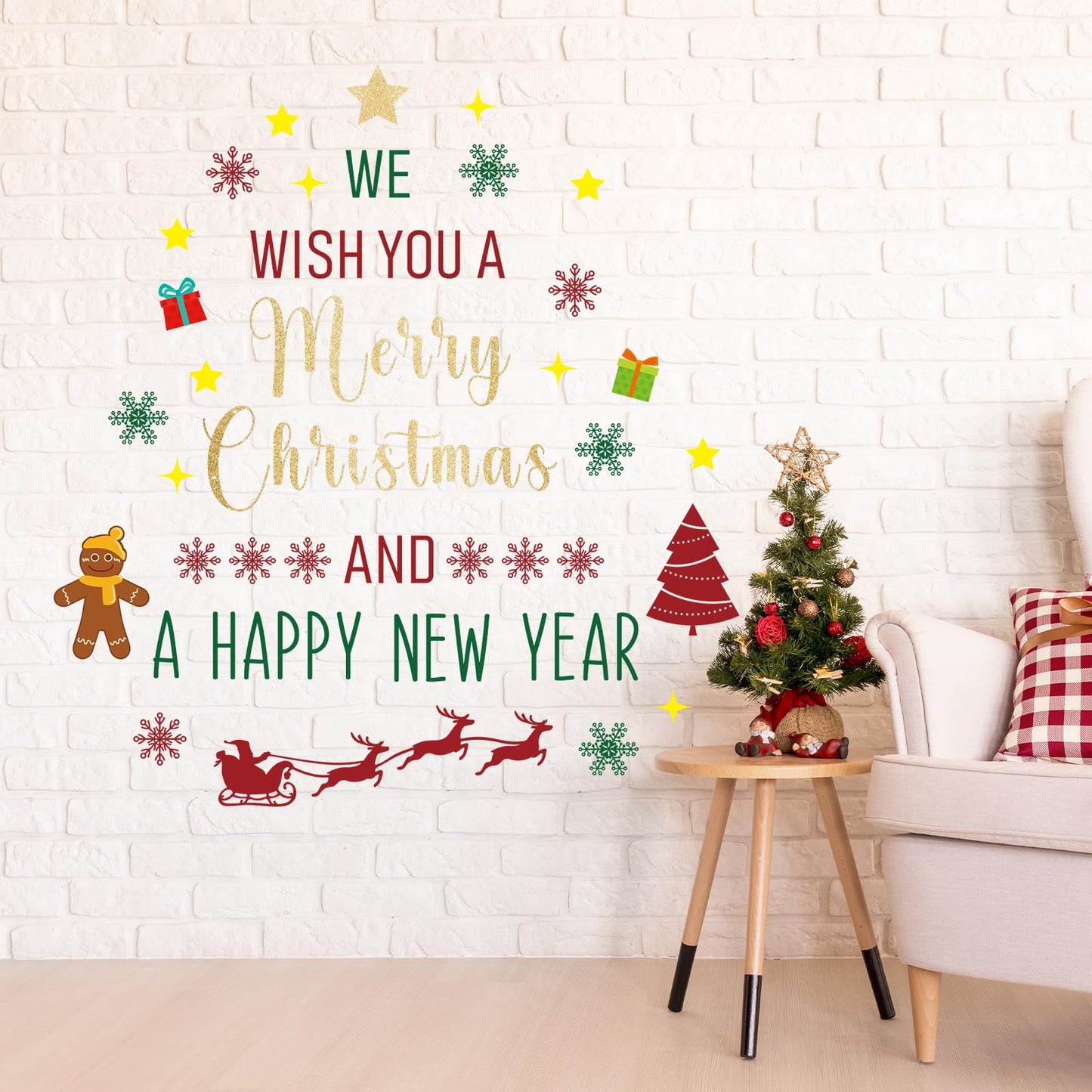 Rotumaty Christmas Wall Decals Stickers Decor Glitter Merry Christmas Tree Happy New Year Quote Decorations Holiday Seasonal Wall Art Decor for Home Office Classroom Party Ornaments