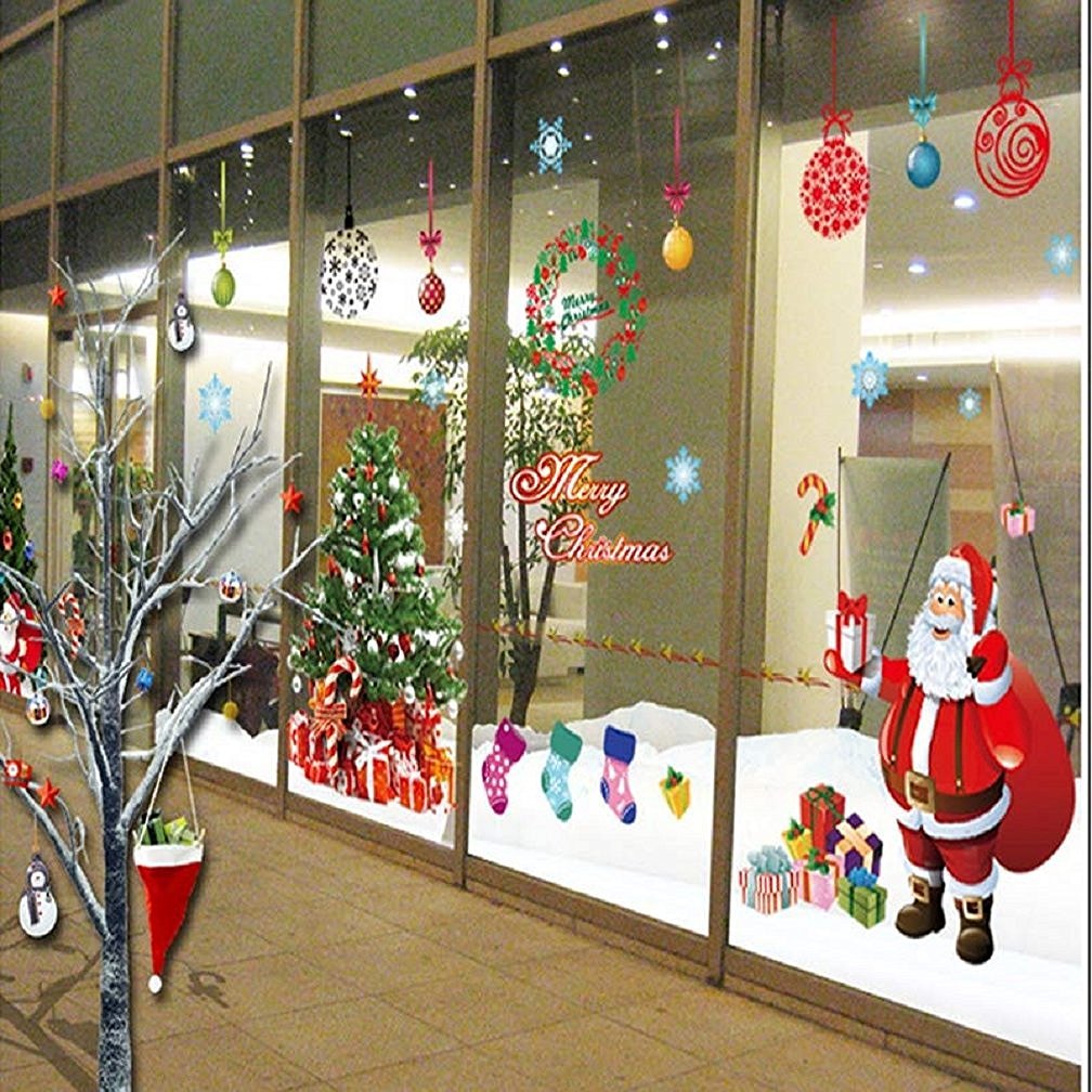 DIY Christmas Windows Clings Stickers Wreath Snowflakes Large Santa Claus Xmas Tree Wall Window Door Mural Decals Static Sticker for Office Winter Party Decorations (11 Sheets)