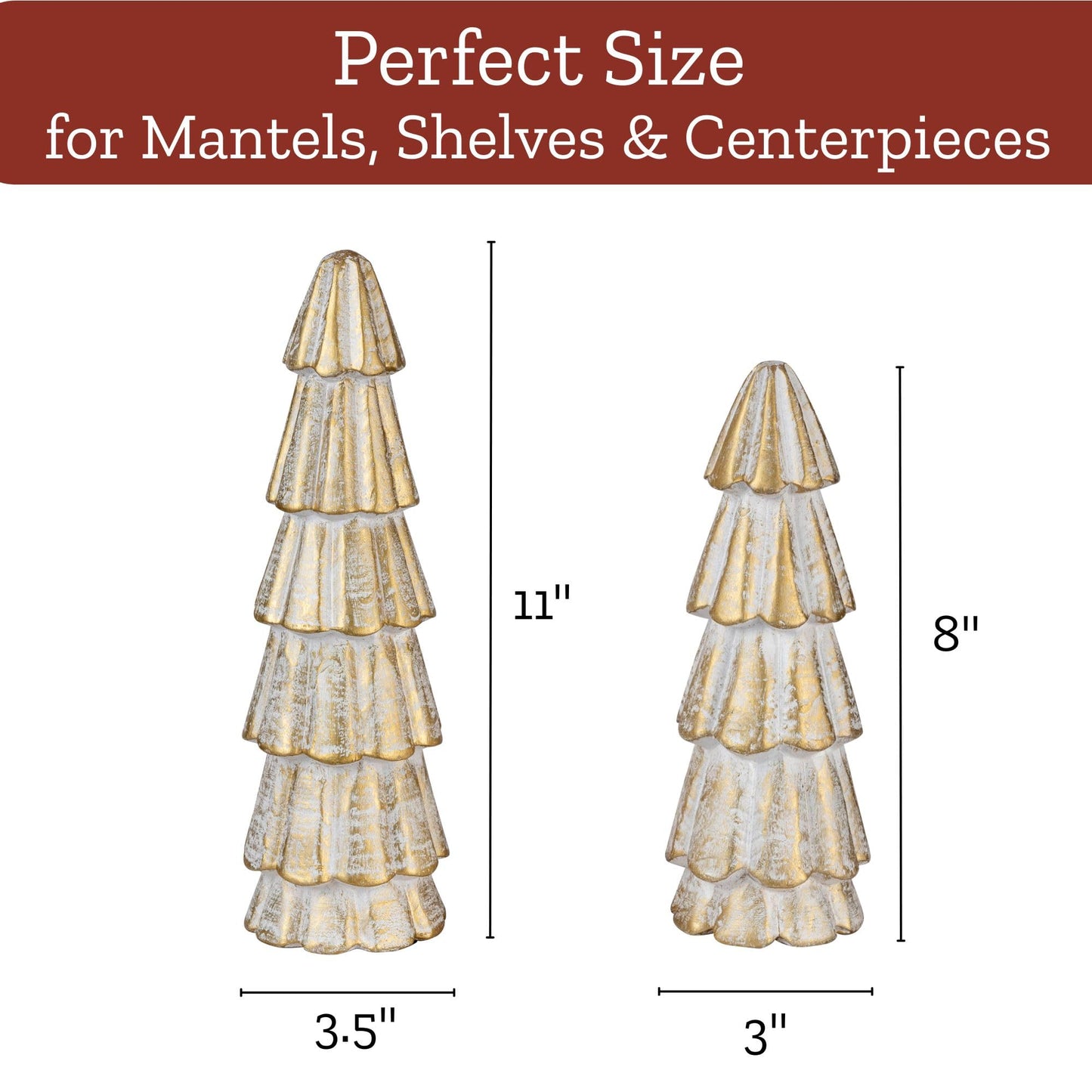 Mie Creations Christmas Tree Figurines, Set of 2 Wooden Decorative Trees for Home, Living Room, Table Centerpiece, Fireplace Mantel, Xmas Indoor Decor, Elegant White & Gold Christmas Trees-11,8 inch