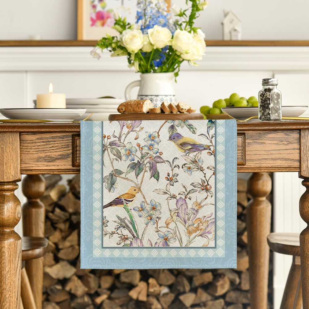 Artoid Mode Blue Birds Flowers Blossom Table Runner, Seasonal Spring Floral Kitchen Dining Table Decoration for Home Party Decor 13x72 Inch