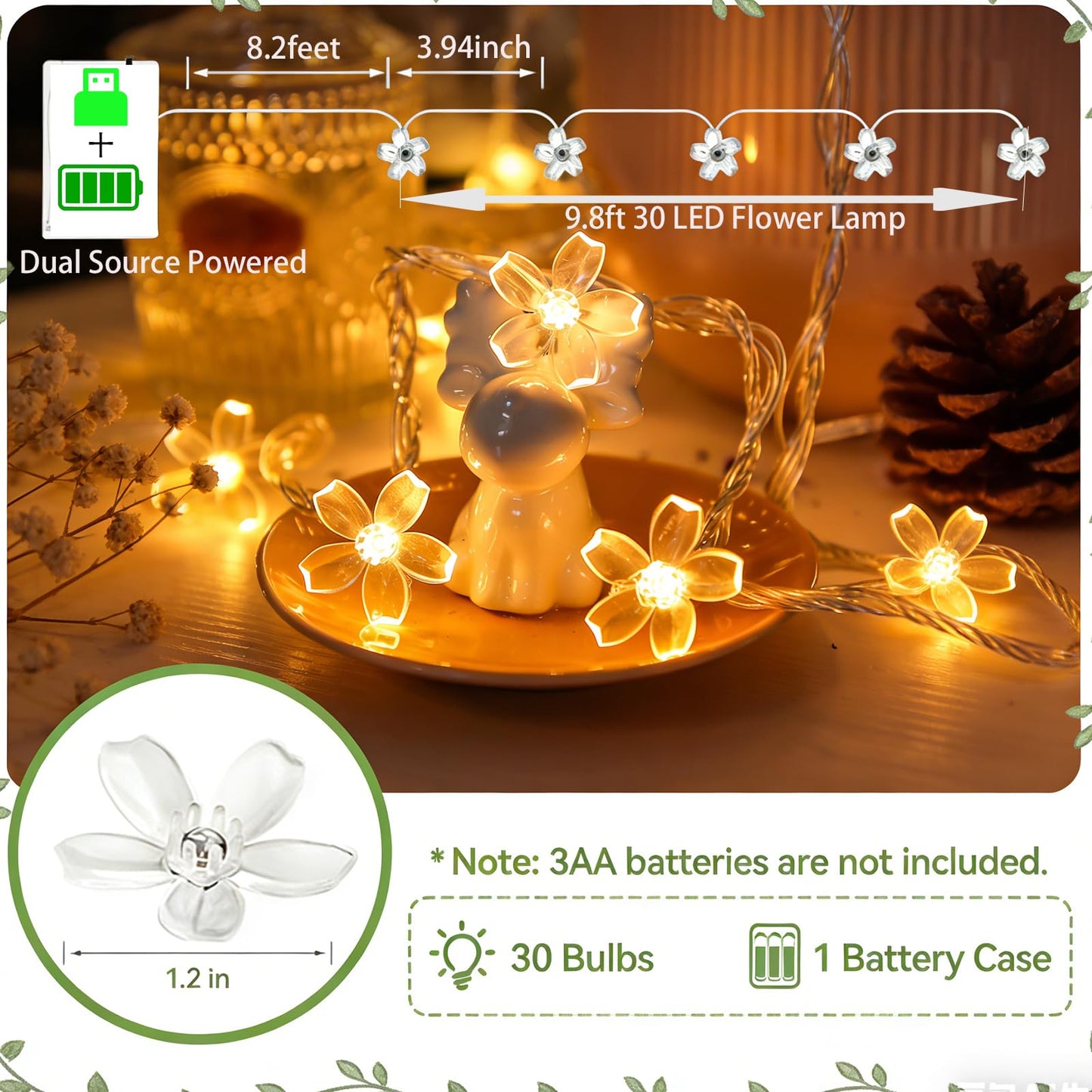 Decorative Flower String Lights for Bedroom, Battery Operated & USB Plug in 10 FT 30 LED Cute Fairy Cherry Blossom Floral Lamps Indoor Outdoor Christmas Holiday Hanging Vine Decorations (Warm White)