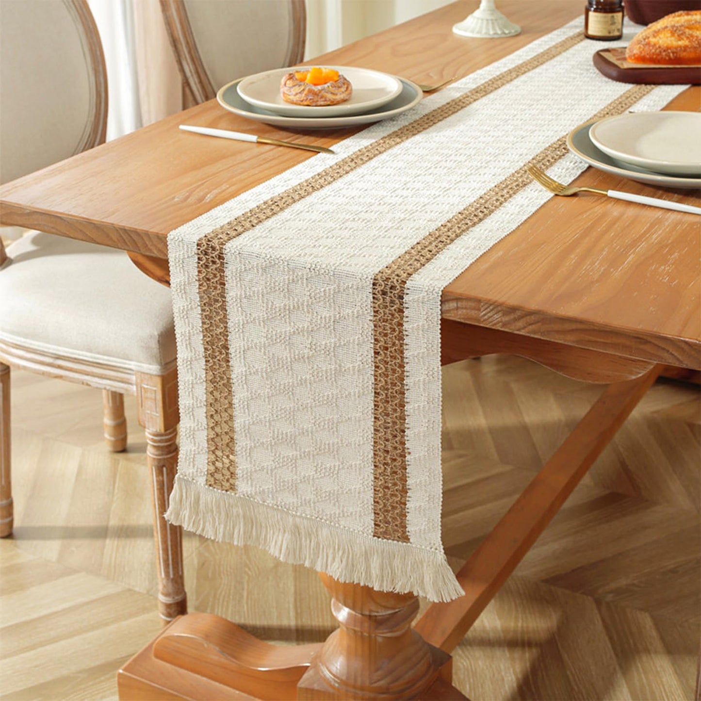 Niviy Boho Table Runner for Summer Home Decor 72 Inches Long Farmhouse Macrame Table Runner Cotton Linen Woven Table Runners for Fall Dining Table Decoration, Beige & Brown