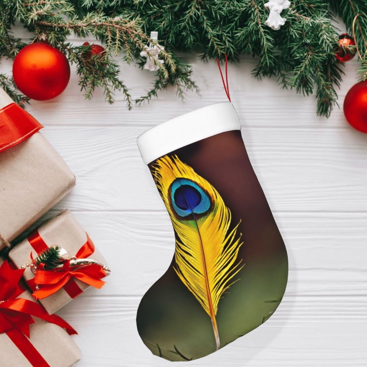 MYHSZTAH Feather Print Novelty Joyful Season Decorative Socks,Festive Ornament,Traditional Christmas Socks
