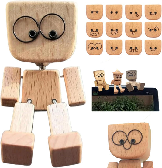Froklic Shaking Wooden Man,Shaking Wooden Man Figurine with 12 Magnetic Expressions,Funny Dashboard Figurine,Handmade Wobble Doll for Car Accessories and Desk Decoration
