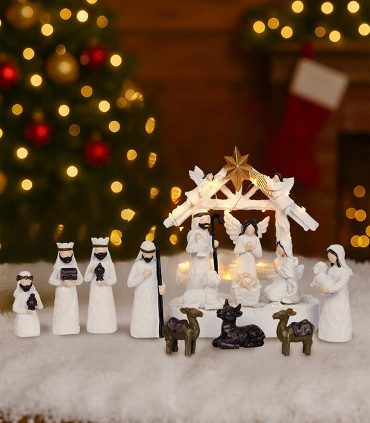Christmas Nativity Scene Set 14 Piece Nativity Scene with Manger for Nativity Scene Indoor Decor Nativity Story Figures Nativity Set Decoration Mini Miniature Religious Christmas Holy Family Figurines