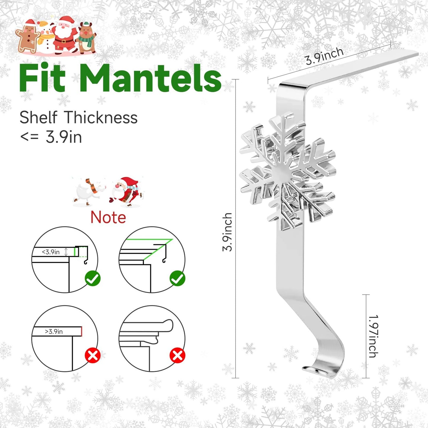 Christmas Stocking Holders for Mantle, Reusable No-Damage Hooks with Fireplace Grip Stand, Xmas Decoration Set for Hanging Stockings on Shelves, Mantel Clips for Holiday Party Home Decor Silver