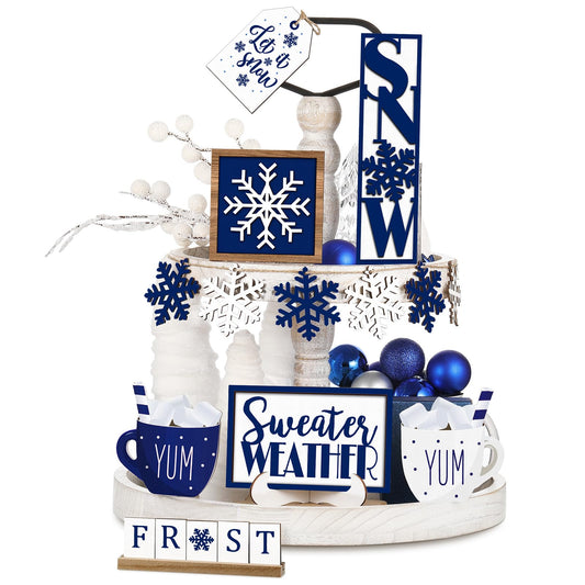 Jetec 12 Pieces Winter Tiered Tray Decor Set Snowflake Wooden Sign Let It Snow Table Decorations Farmhouse Coffee Bar Signs Tray Decor for Home Kitchen Tabletop(Blue)
