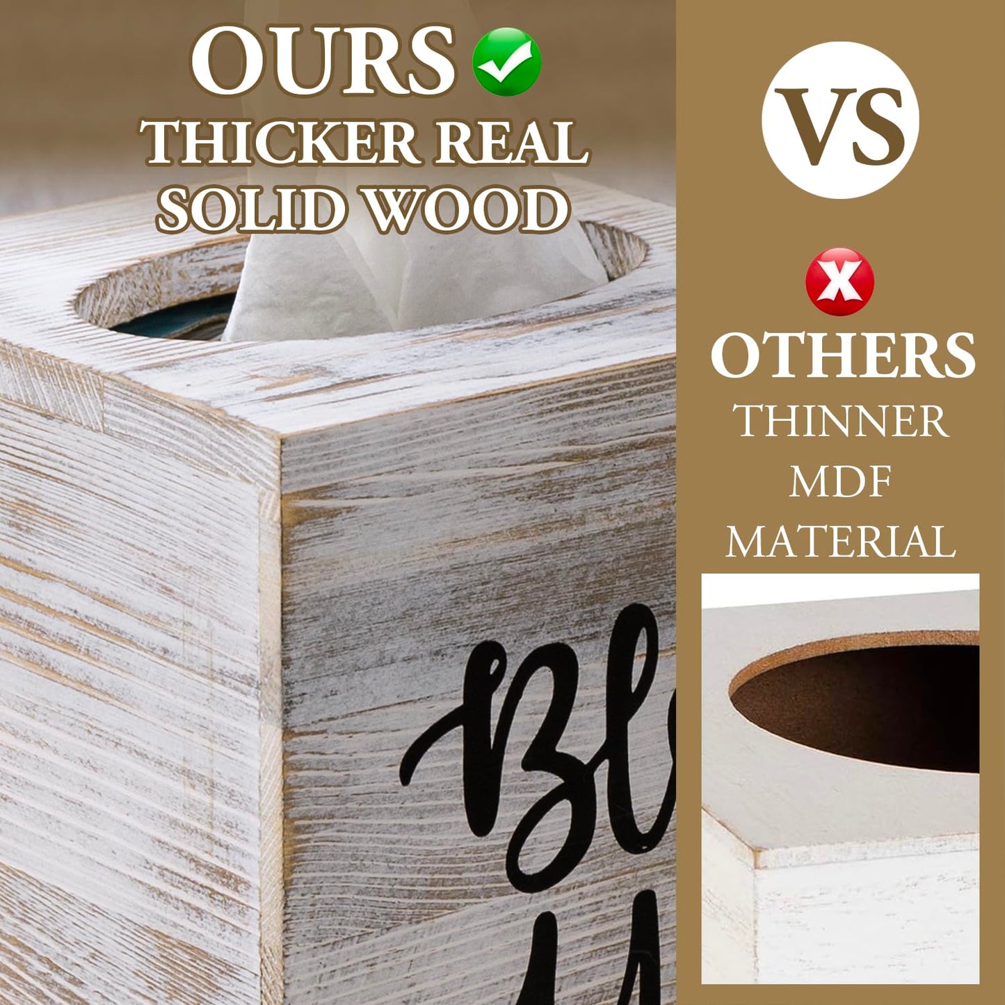 MyGift White Washed Solid Wood Square Tissue Box Cover Holder Decorative Tissue Dispenser Bath Decor with Bless You Design and Easy Refill Slide Out Bottom