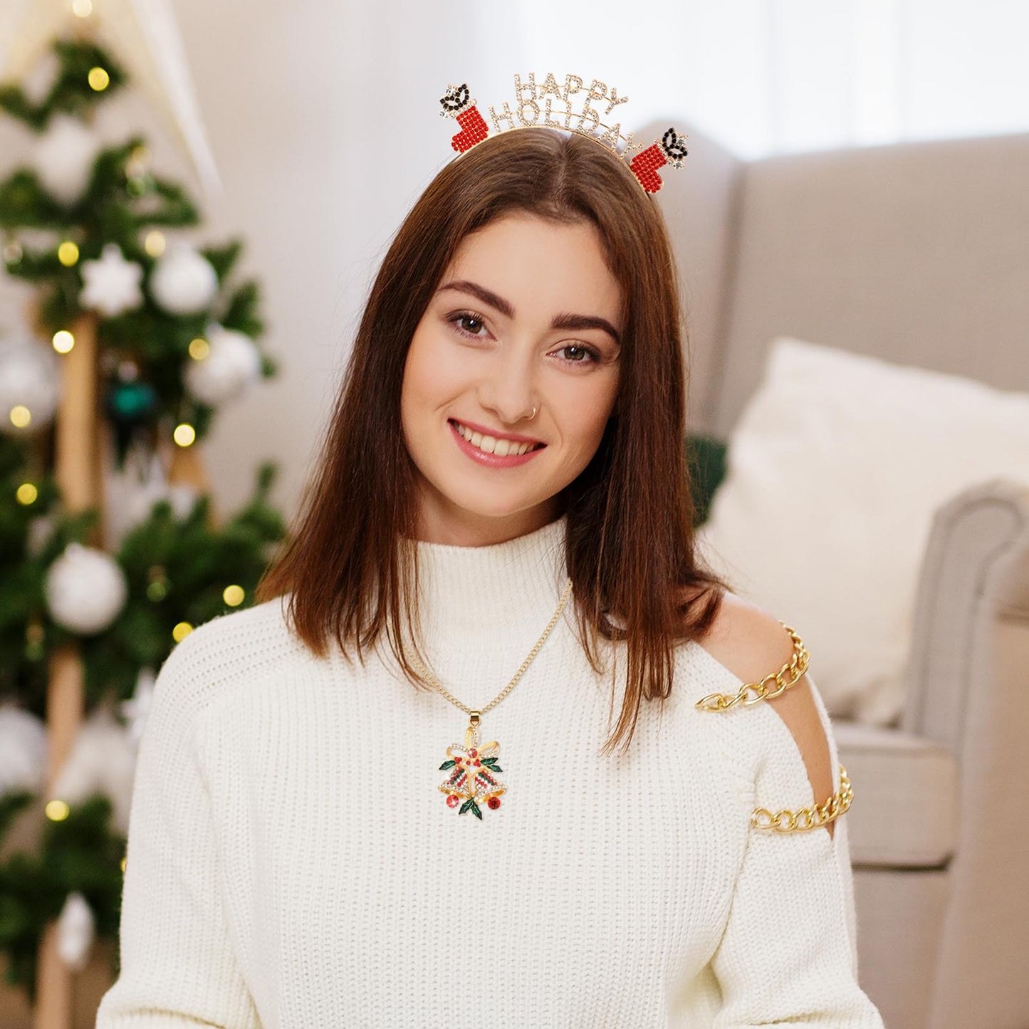 Quelay 16 Pcs Christmas Jewelry Set Include 8 Christmas Headbands 8 Pcs Xmas Necklaces Rhinestone Snowflake Deer Antlers Hairband Wreath Bell Necklace for Women New Year Party Favor Gift Accessory