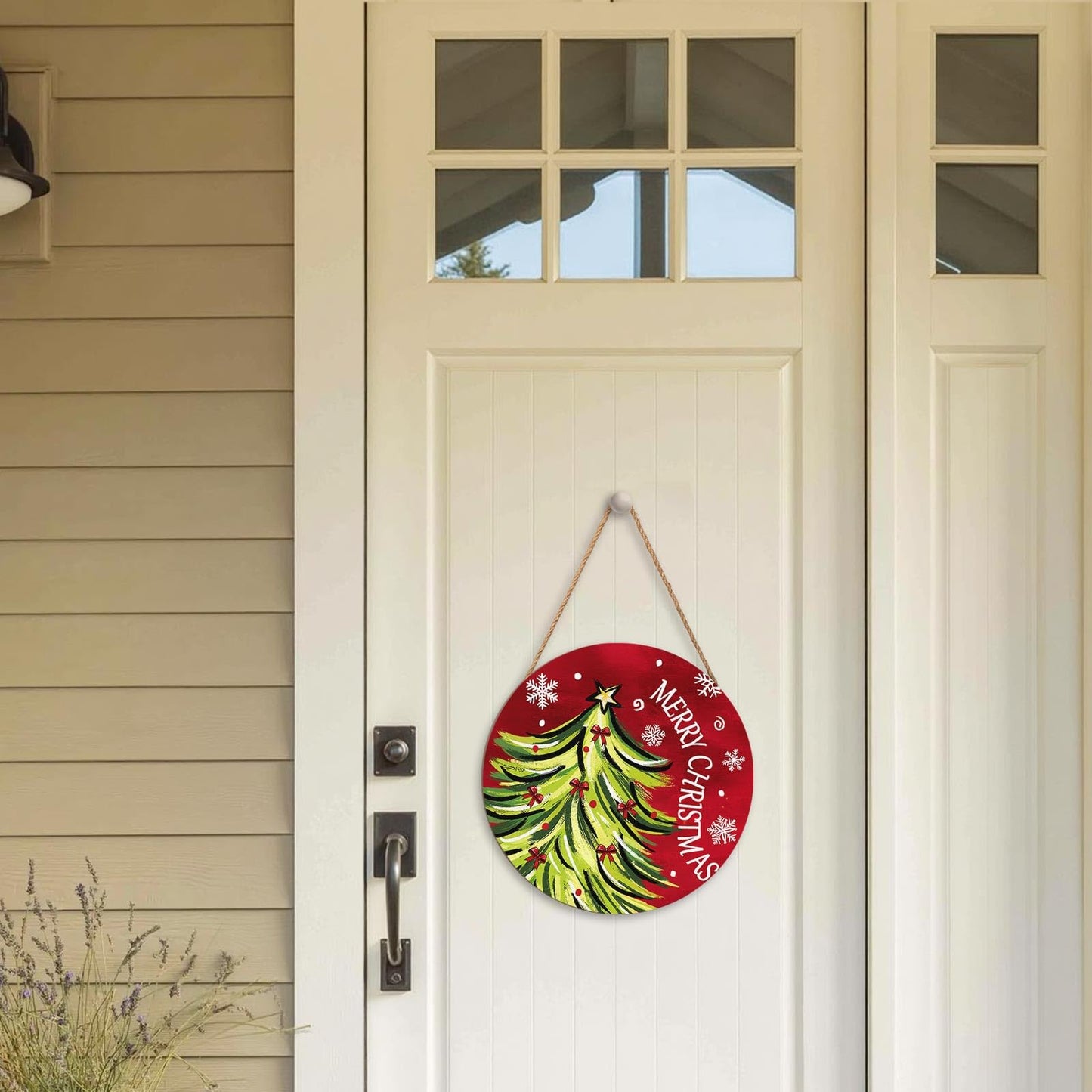 Merry Christmas Door Sign,Christmas Tree Decorations Wooden Holiday Hanging Sign for Front Door,Winter Red Christma Decorations for Home Garden Christm New Year 12"x12"